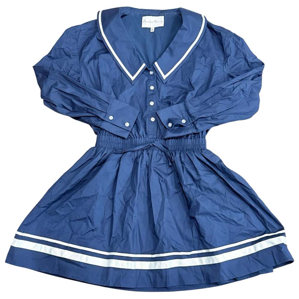 Charles Henry Navy Border Print Long Sleeve Stretch Cotton Sailor Mini Dress